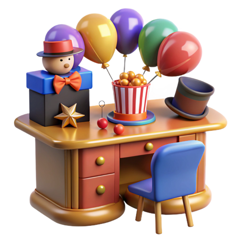 Desk with Balloons, Popcorn, and Magic Tricks png