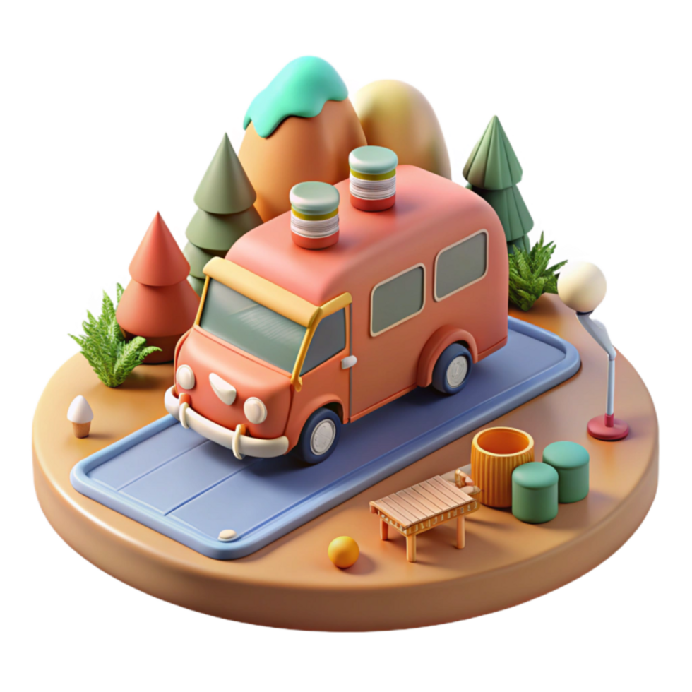 vibrant rustic Cartoon Camper Van at Scenic Campsite detailed png