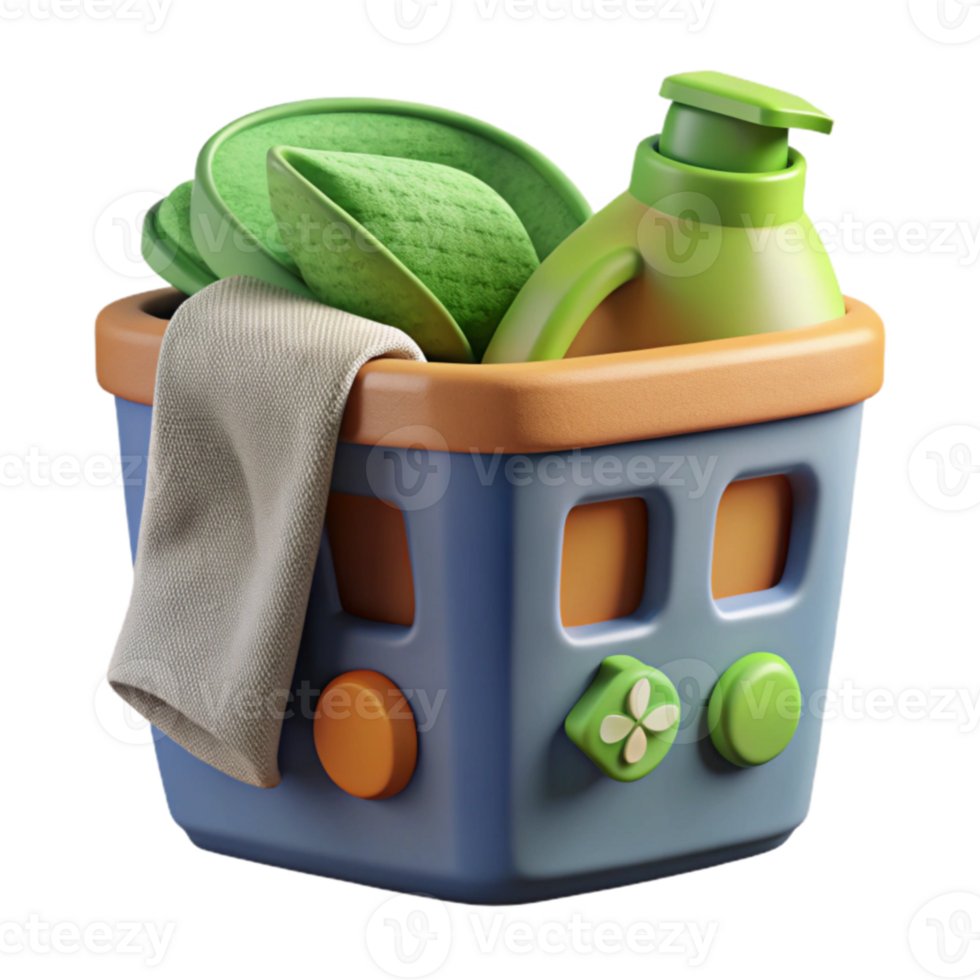 Laundry Basket with Soap and Towels 3D Render png