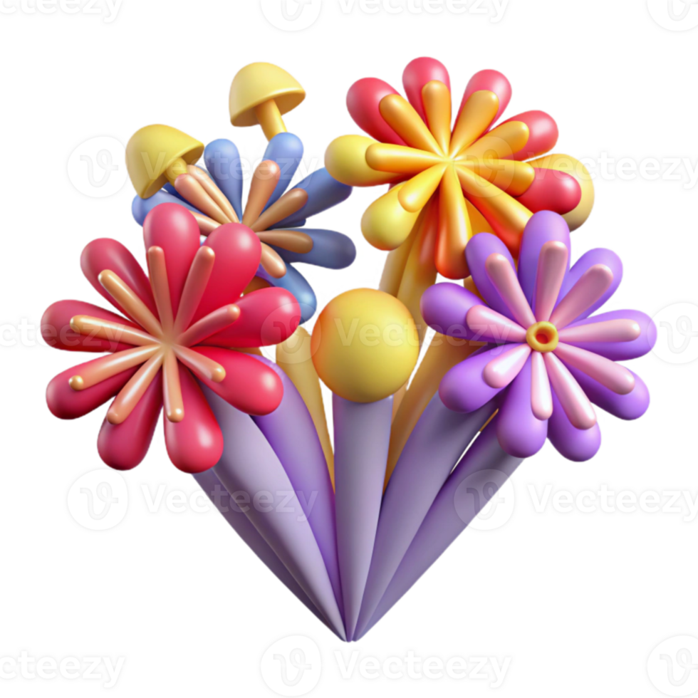 magnificent traditional Vibrant 3D Floral Bouquet Colorful Flowers Mushrooms premium png