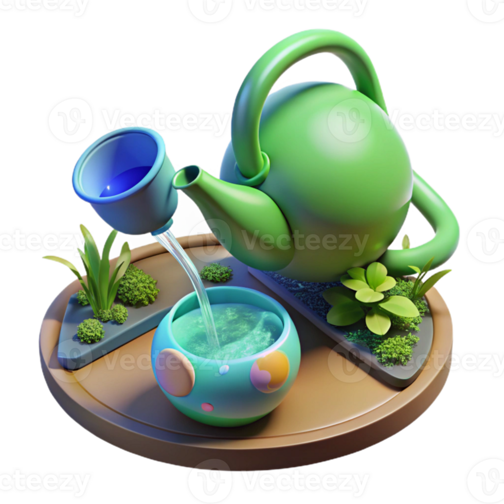stunning classic 3D Render Teapot Pouring into Cup on Tray with Plants detailed png