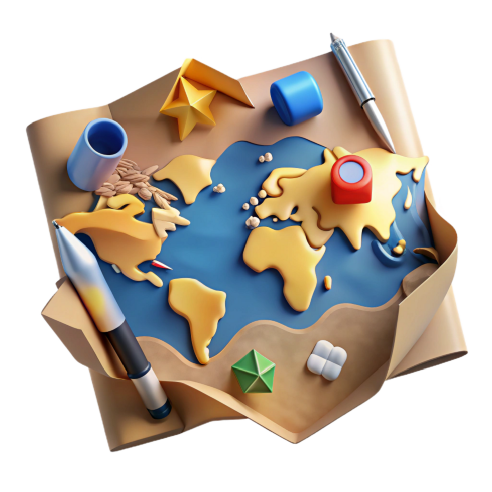 dramatic artistic World Exploration Adventure Map with Travel Essentials authentic png