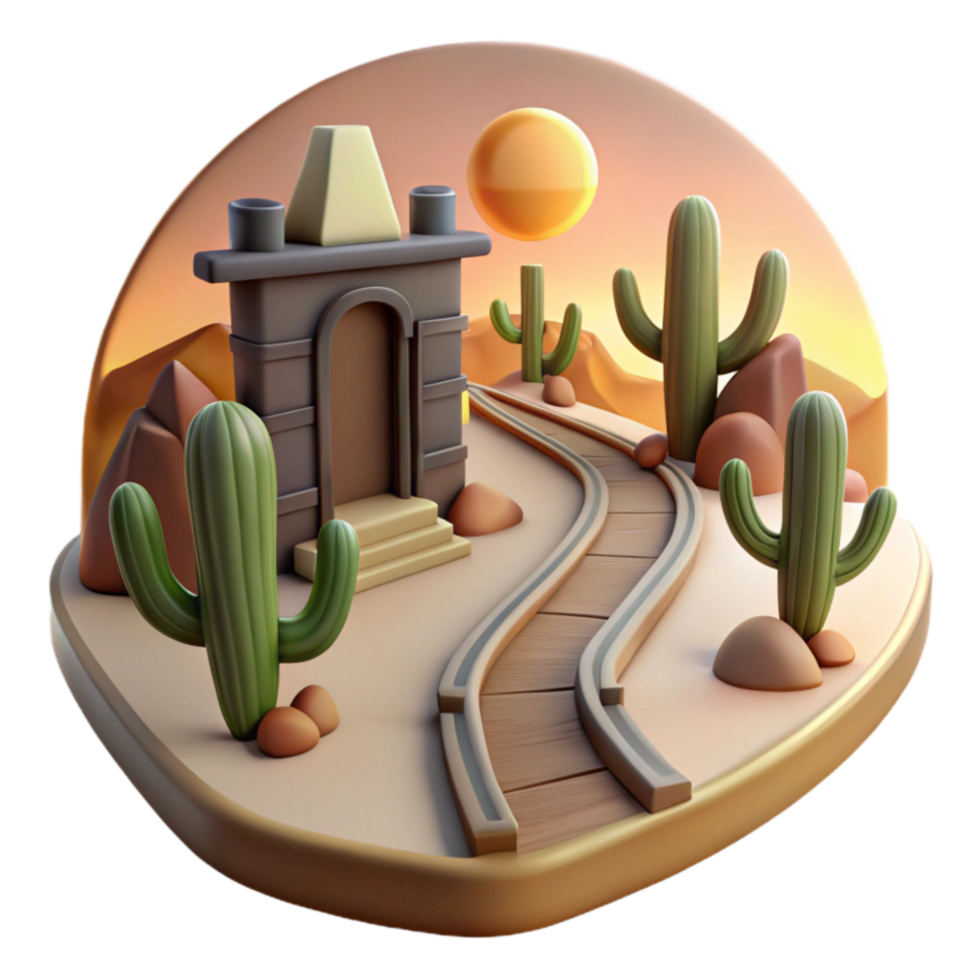 vibrant rustic Desert Oasis 3D Render of Cactus Landscape with Structure detailed png