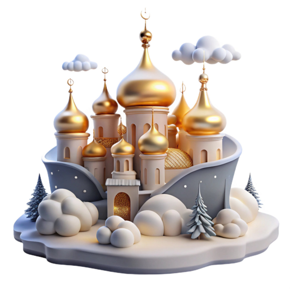 vibrant creative Golden Domes Winter Mosque 3D Render exclusive png