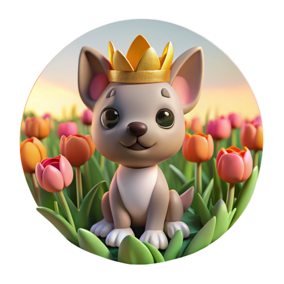 Cute Puppy King in Tulip Field png