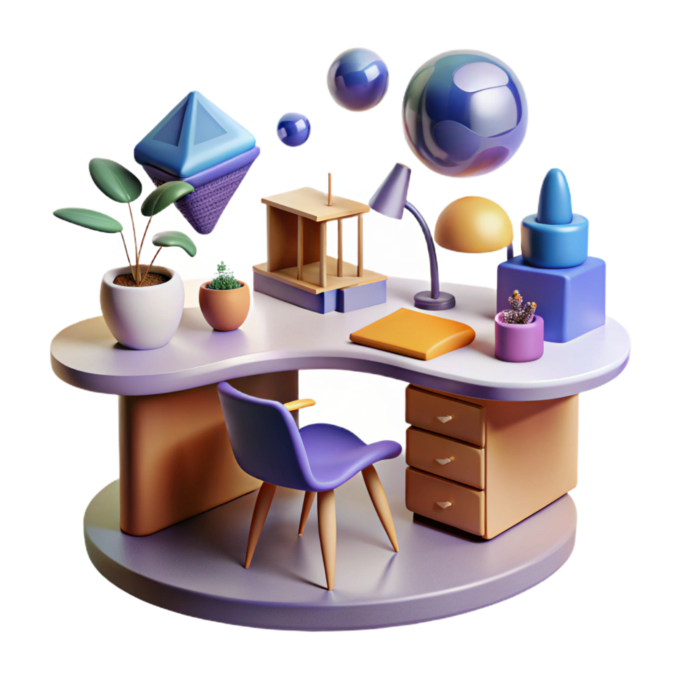 Creative Workspace 3D Render of Desk with Plants Geometric Shapes png