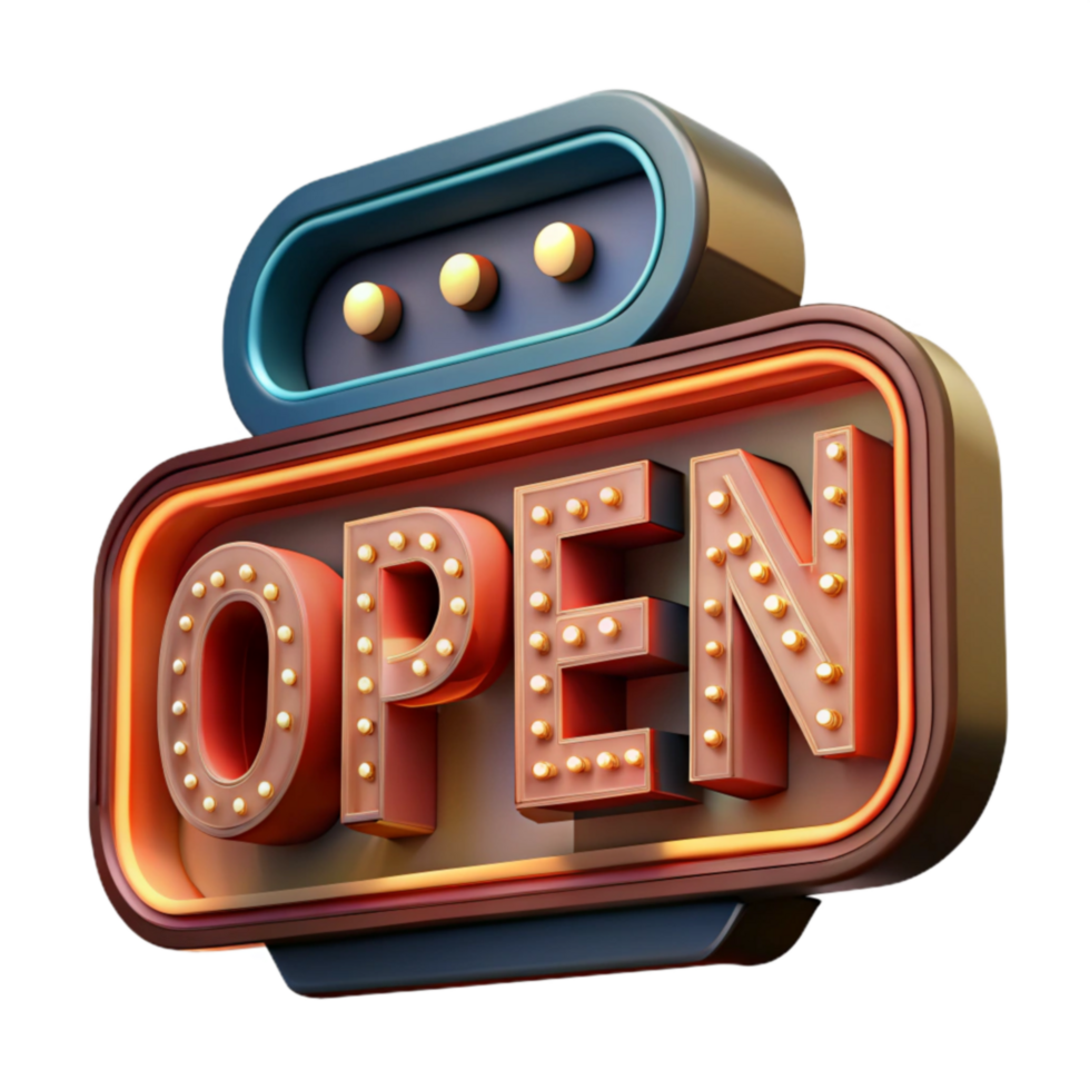 dramatic minimalist Retro Open Sign 3D Marquee Bulbs Illumination 4K png