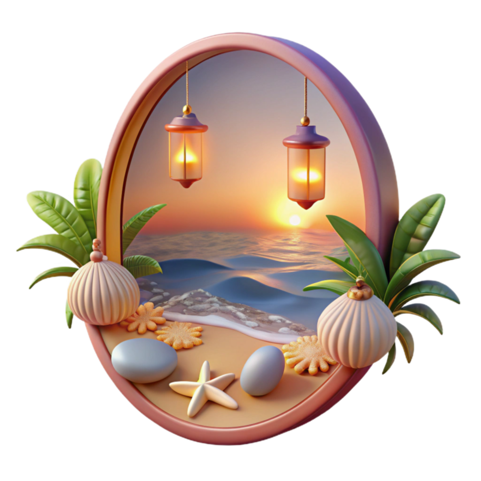 vibrant traditional Sunset Beach Scene with Lanterns and Seashells authentic png