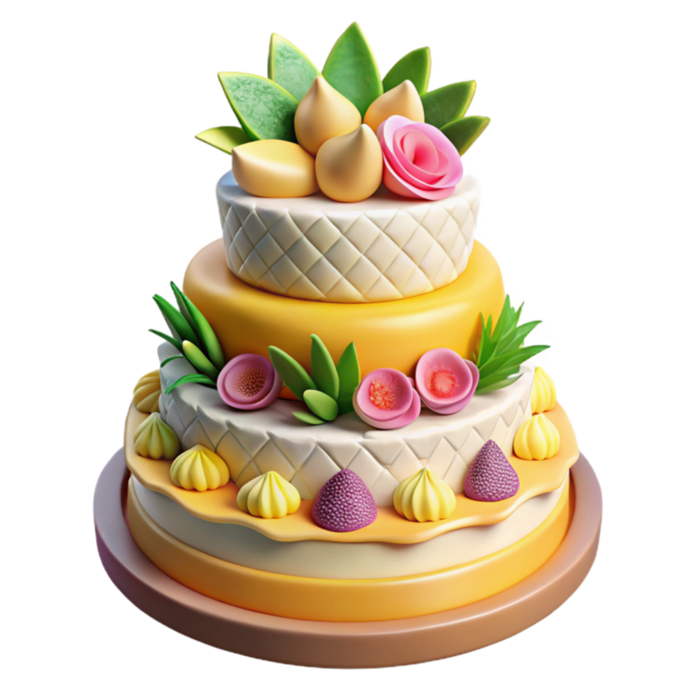 beautiful minimalist Three-Tiered Cake with Floral and Fruit Decorations exclusive png