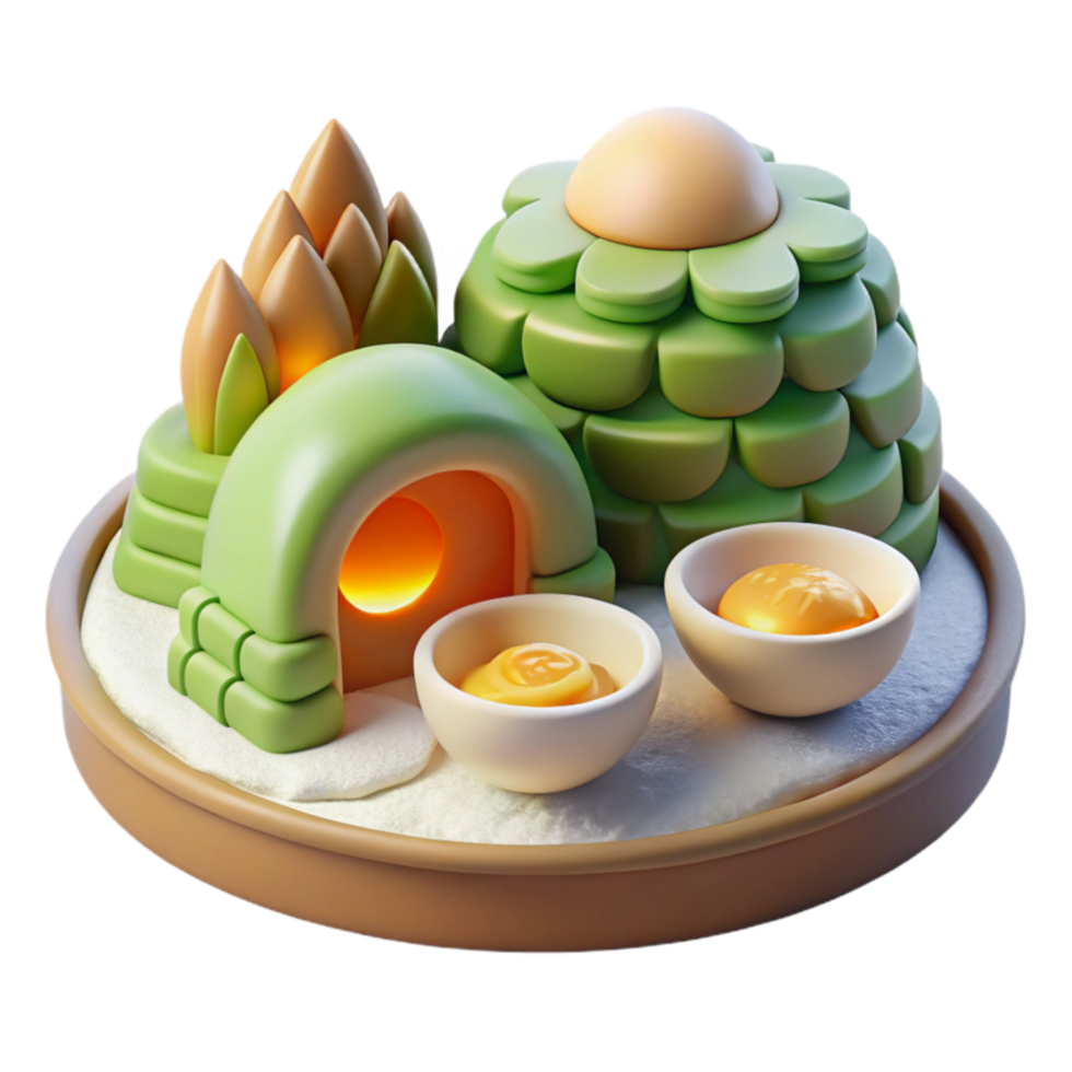 3D Render of Miniature Food Scene Oven, Igloo, and Yolks png