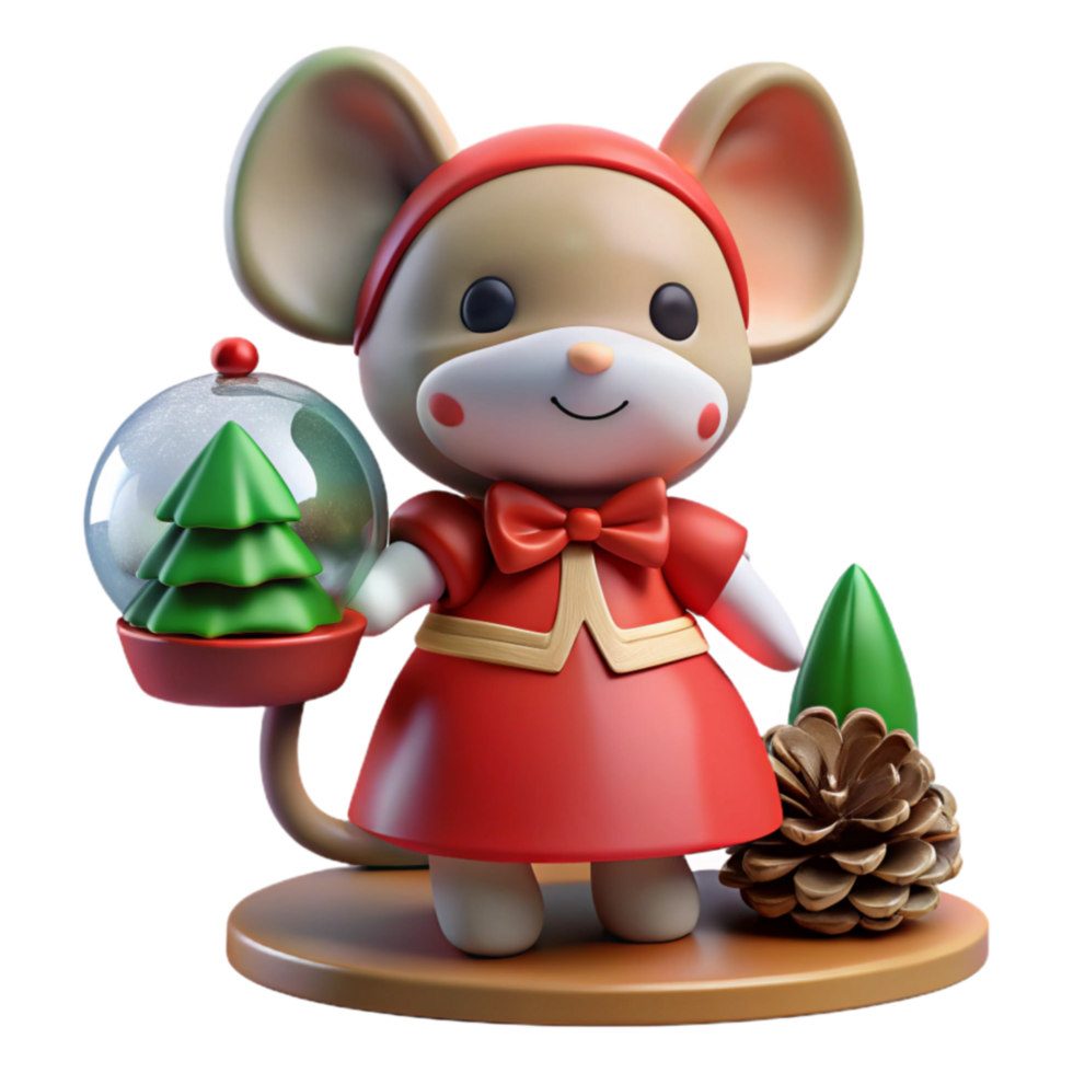 Adorable 3D Mouse in Red Dress with Snow Globe png