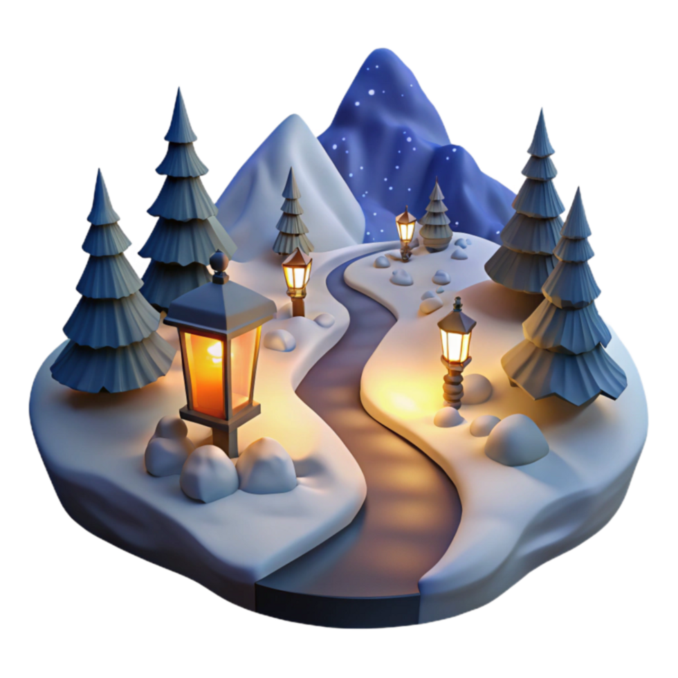 stunning classic Winter Wonderland Snowy Stream, Lantern-Lit Path high resolution png