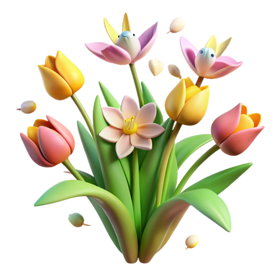 elegant modern Spring Flowers Tulips, Daffodils, 3D Render premium png