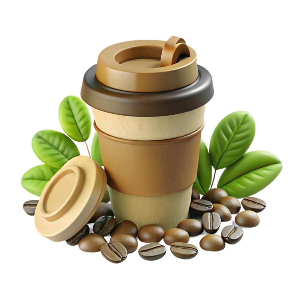 Eco-Friendly Coffee Cup with Beans and Leaves png