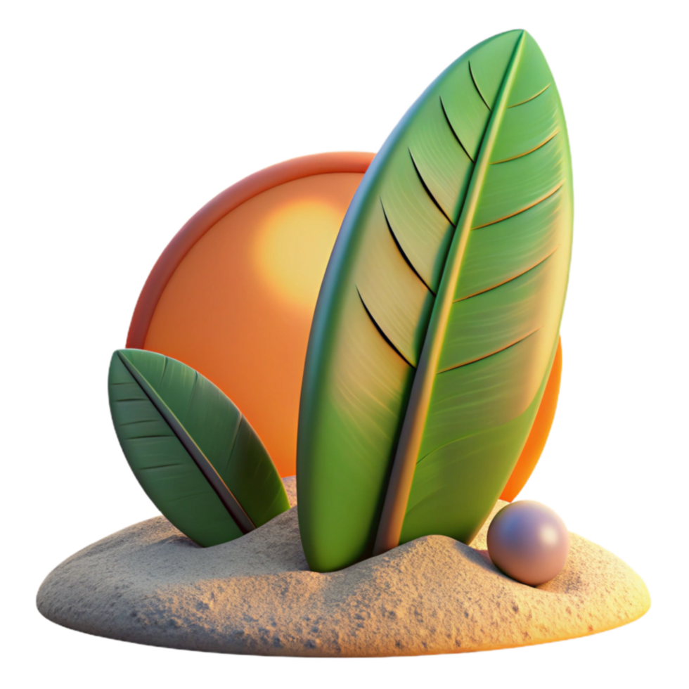 stunning classic Tropical Sunset Scene 3D Render of Leaves, Sand, and Orb original png