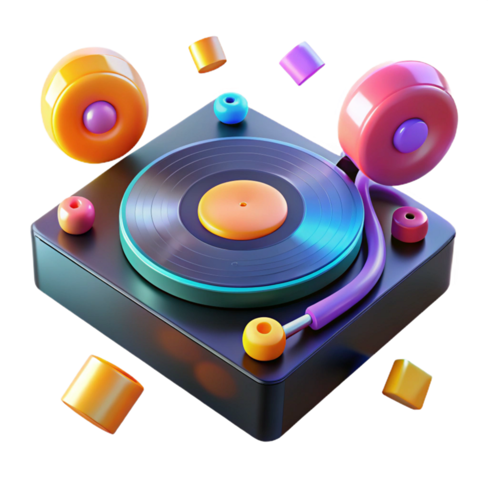 Colorful 3D Record Player with Floating Shapes png