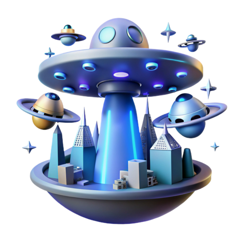 magnificent minimalist UFO over Cityscape Futuristic 3D Render authentic png