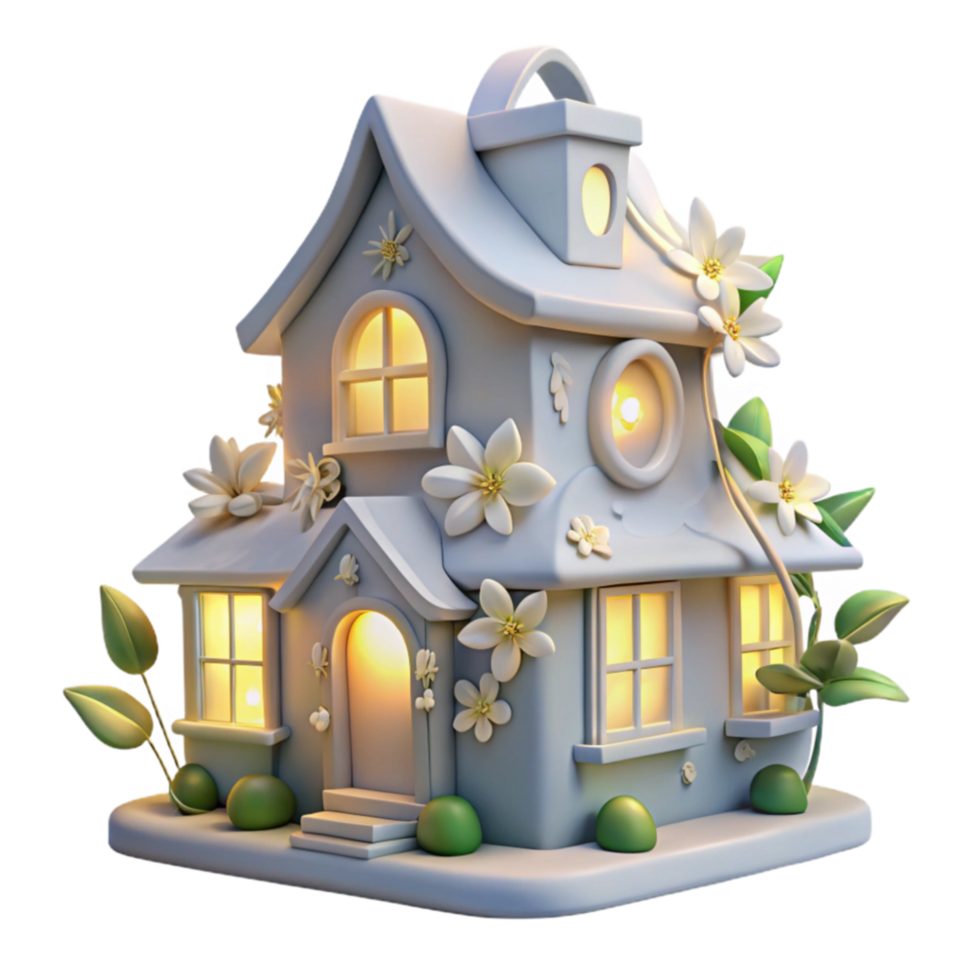 serene creative Enchanted Cottage with Illuminated Windows and Flowers exclusive png