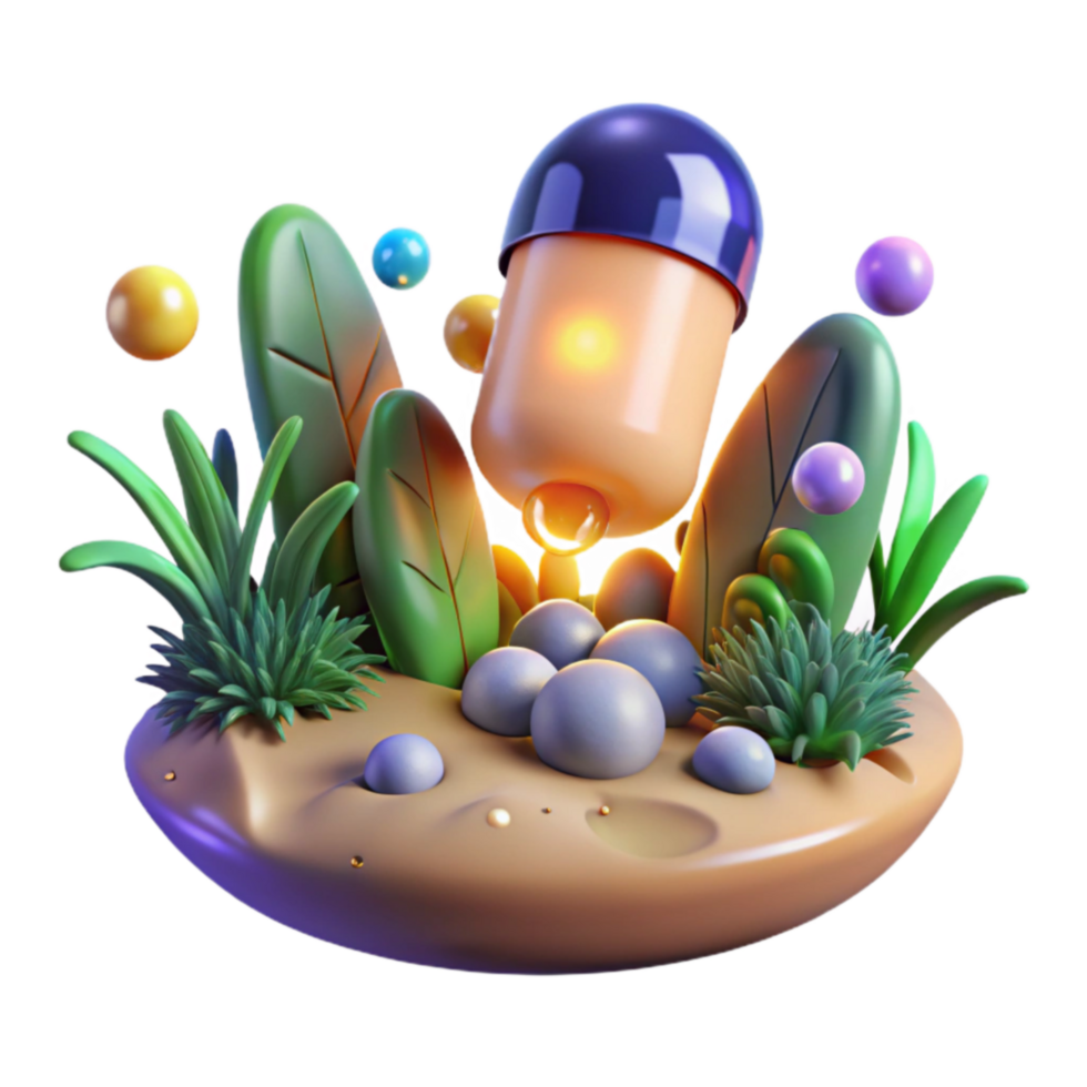 3D Render Capsule Robot in Lush Garden png