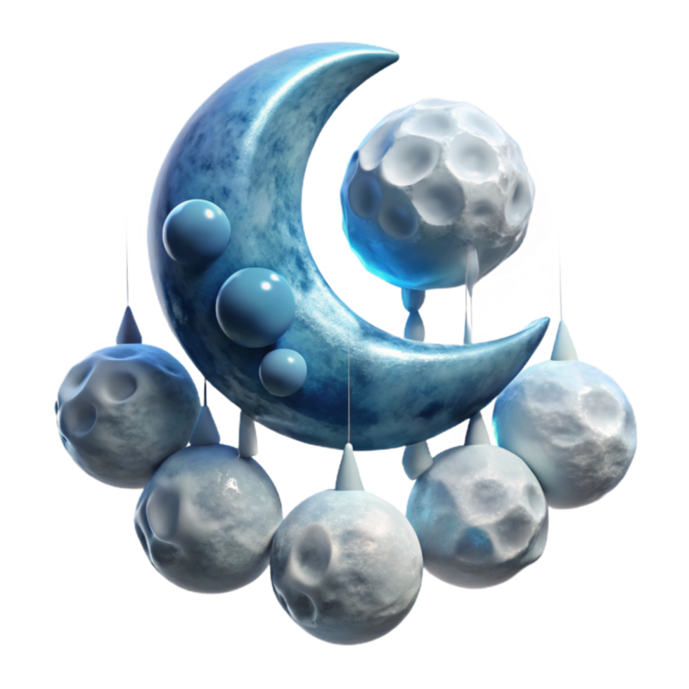beautiful vintage Celestial Mobile Crescent Moon and Cratered Spheres original png