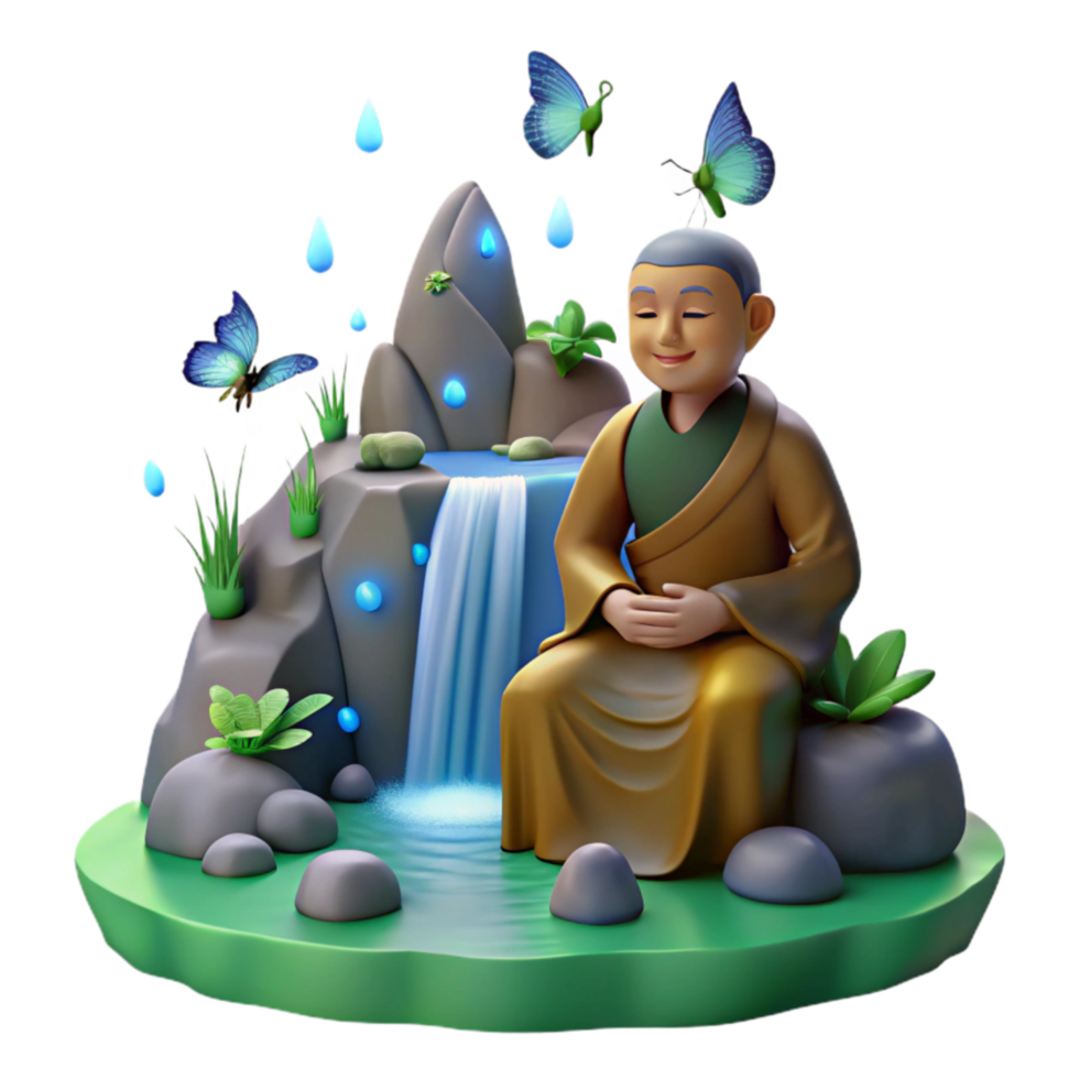 vibrant abstract Serene Monk by Waterfall Mindfulness, Tranquility, Nature genuine png