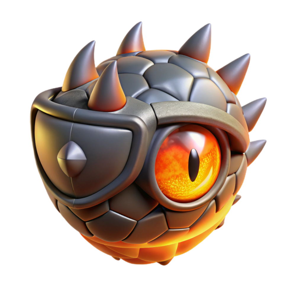 dramatic vintage Fiery Armored Orb 3D Render of Spiked, Glowing Eye Creature high quality png