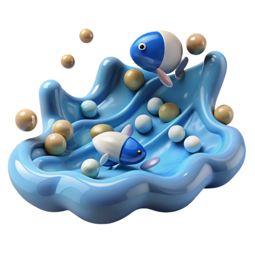 vibrant rustic Playful Fish in a Blue Wave with Colorful Spheres 4K png