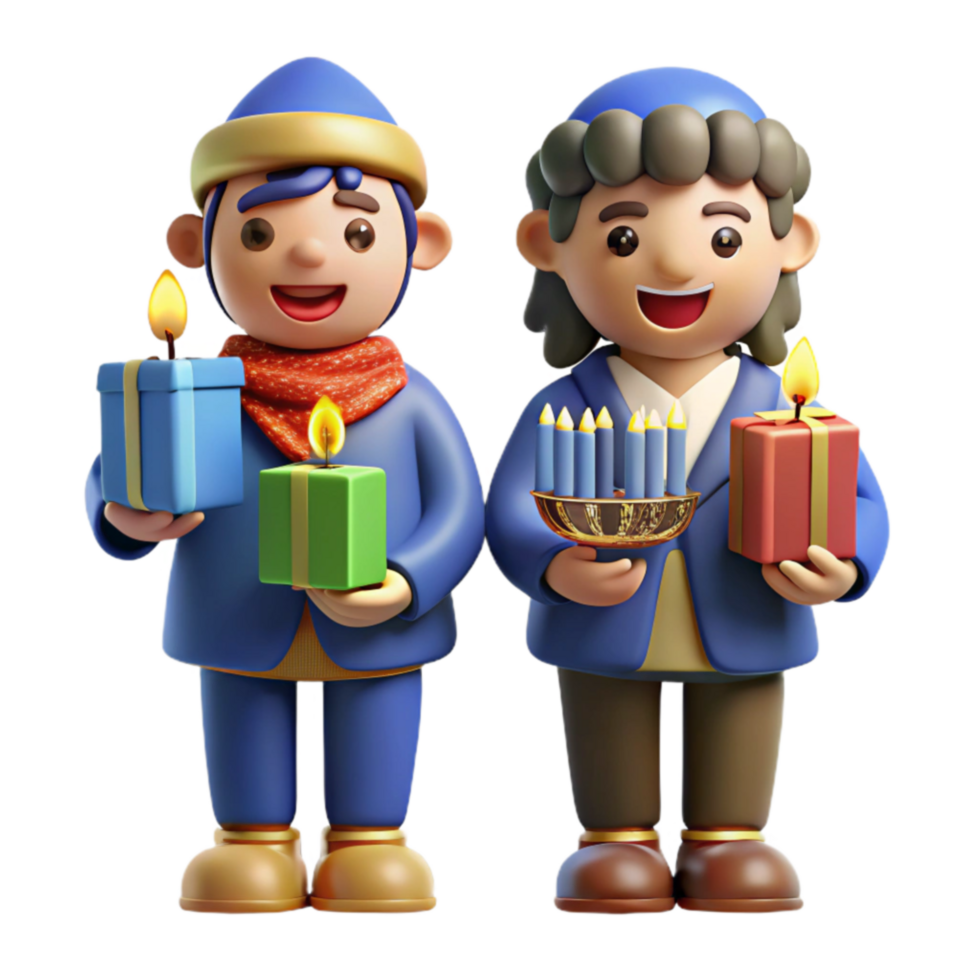 dramatic abstract Cartoon Characters Celebrating Hanukkah with Candles and Gifts authentic png