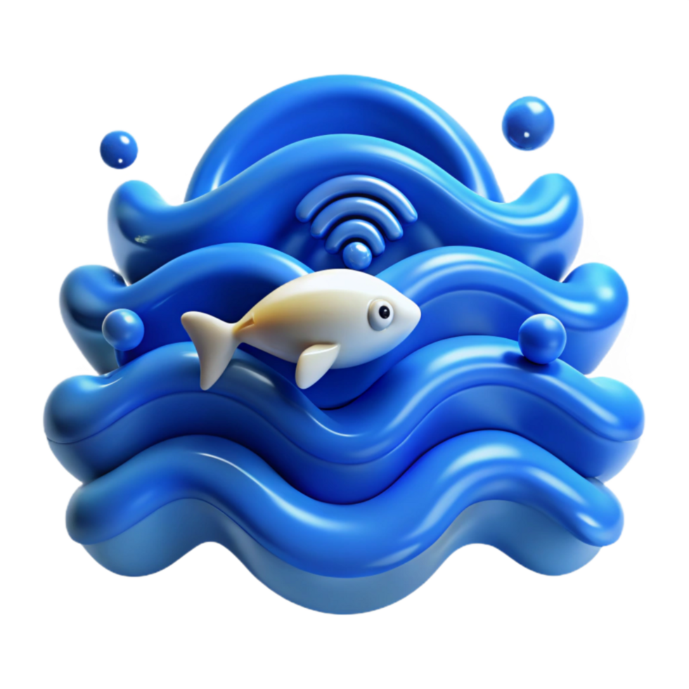 wonderful modern Ocean Waves, Wifi, Fish 3D Render high resolution png