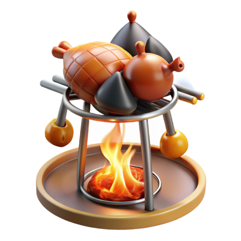 serene minimalist 3D Render of Food Roasting on a Metal Stand Over a Fire detailed png
