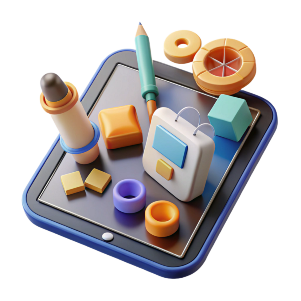 magnificent creative Digital Tablet with Colorful 3D Shapes and Objects original png