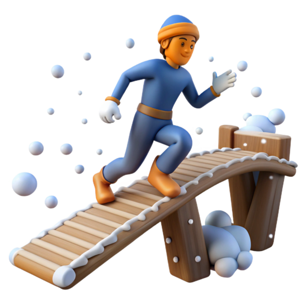 impressive abstract Winter Fun 3D Render of Cartoon Character Running on Snow-Covered Wooden Bridge high resolution png