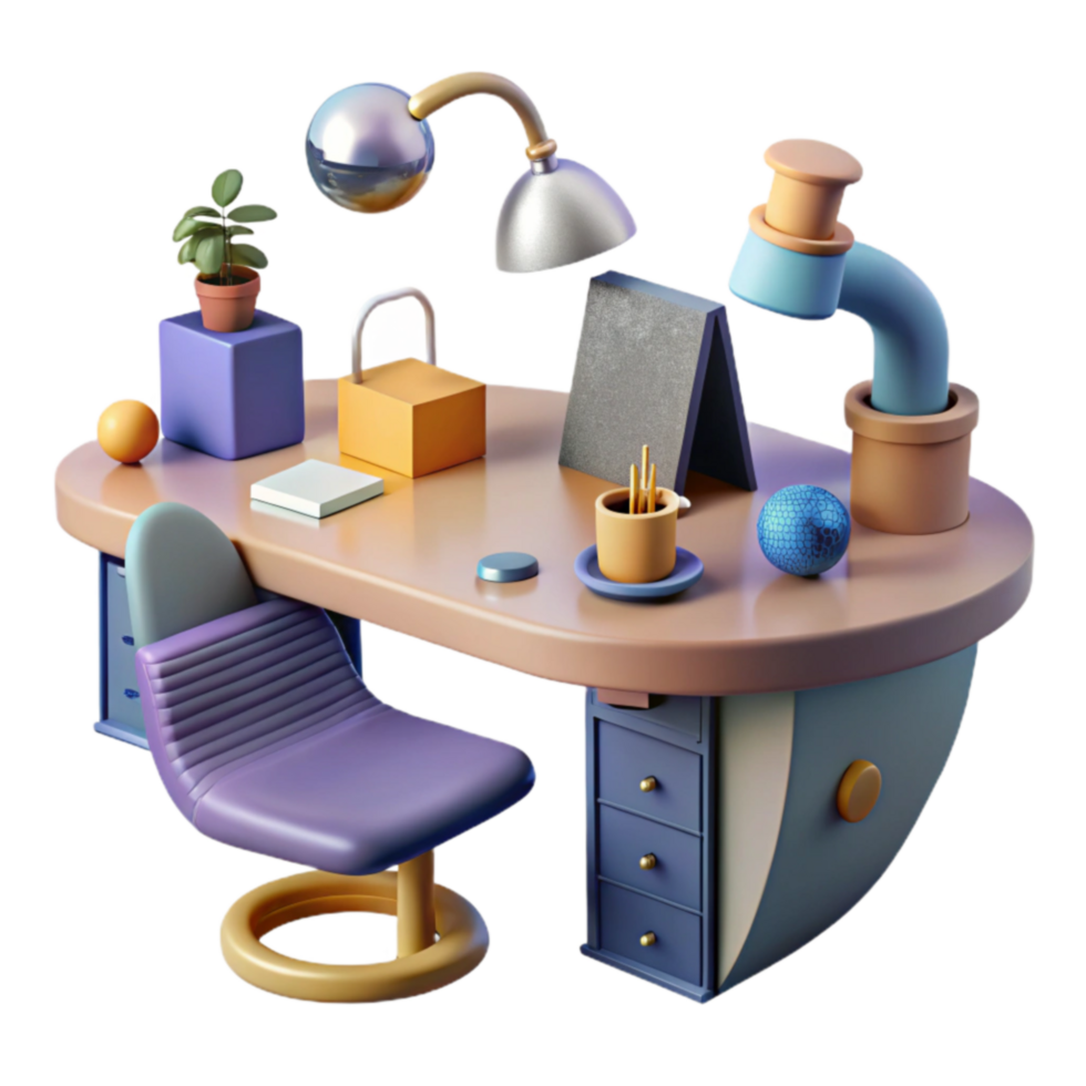 serene rustic Modern Desk Setup 3D Render of Stylish Workspace authentic png