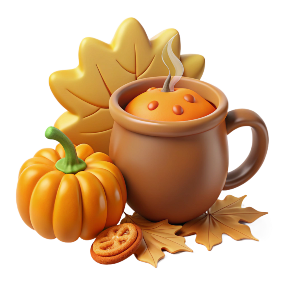wonderful minimalist Autumnal Pumpkin Spice Mug with Leaves and Cookie premium png
