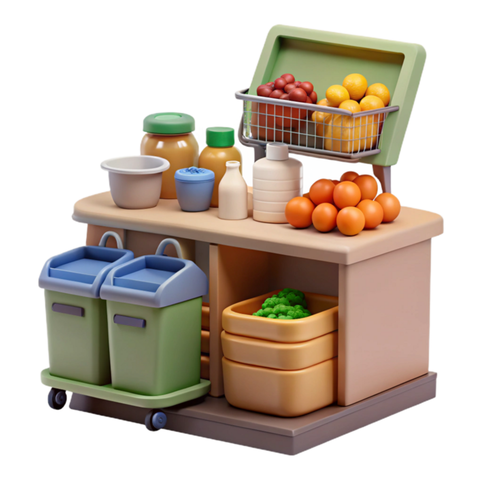 impressive contemporary Miniature Grocery Stand with Produce, Containers, and Recycling Bins premium png