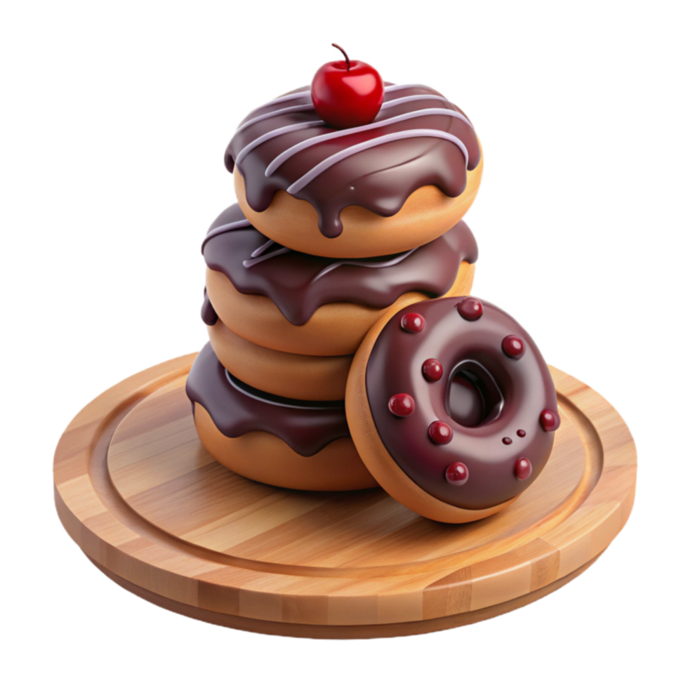 Stack of Chocolate Glazed Donuts with Cherry png