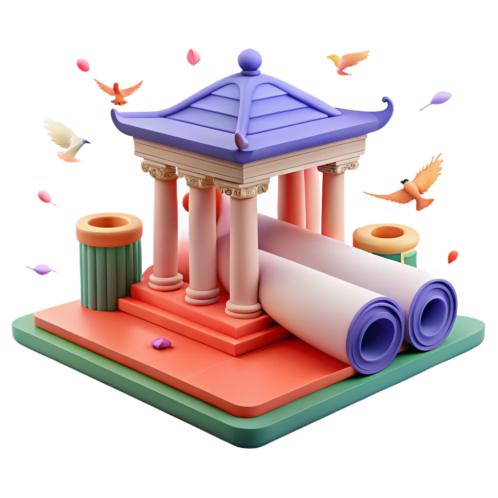 extraordinary minimalist Ancient Temple Scroll 3D Render of Classical Architecture and Papyrus professional png