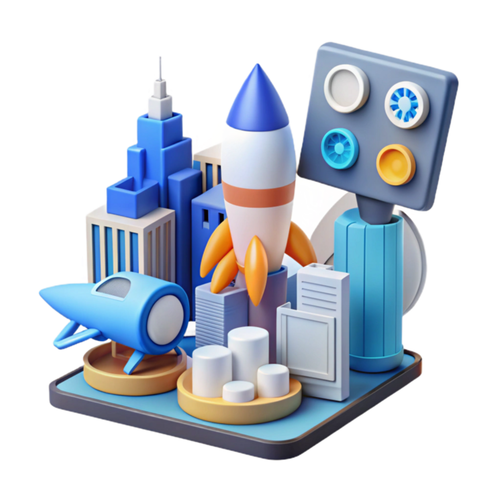 Rocket Launch Cityscape of Innovation and Progress png