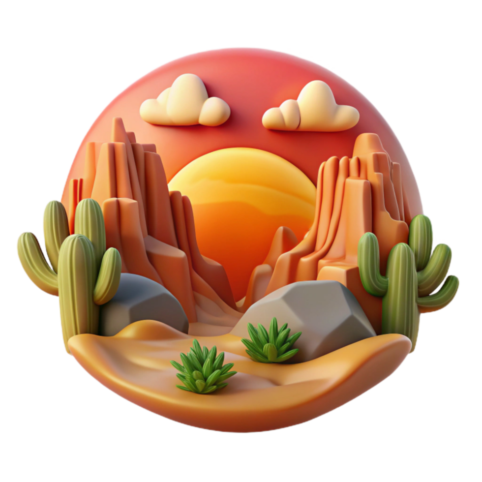 impressive modern Sunset Desert Landscape 3D Render of Cactus, Rocks, and Canyon detailed png