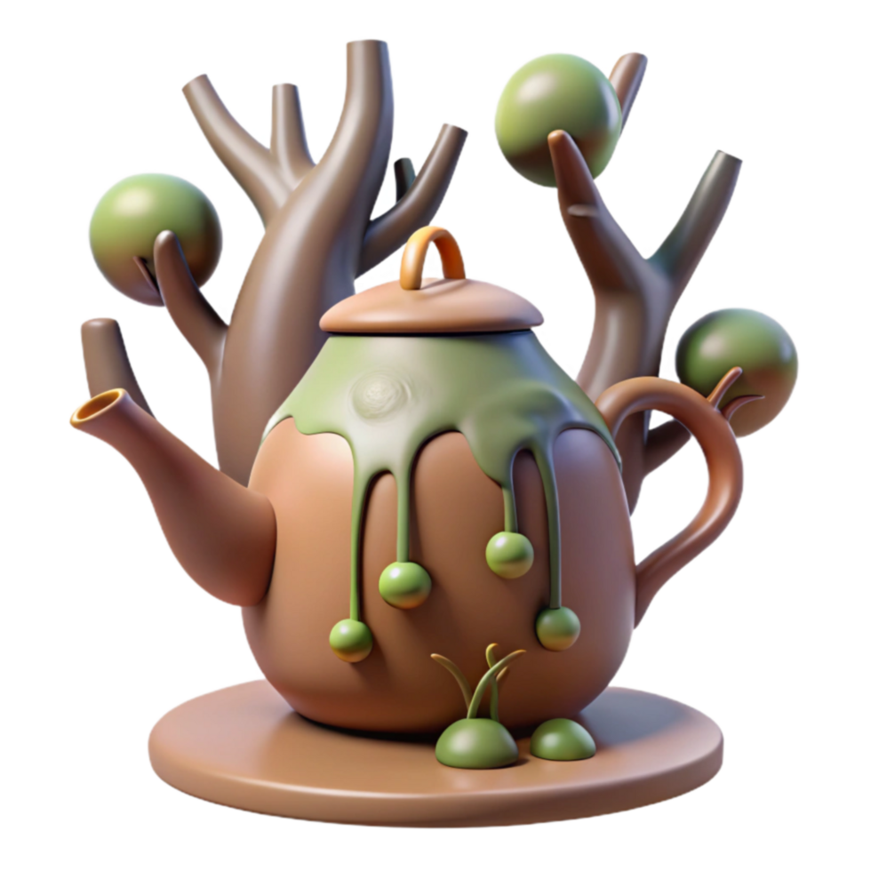 beautiful creative Whimsical Teapot with Trees and Fruit 3D Render high quality png