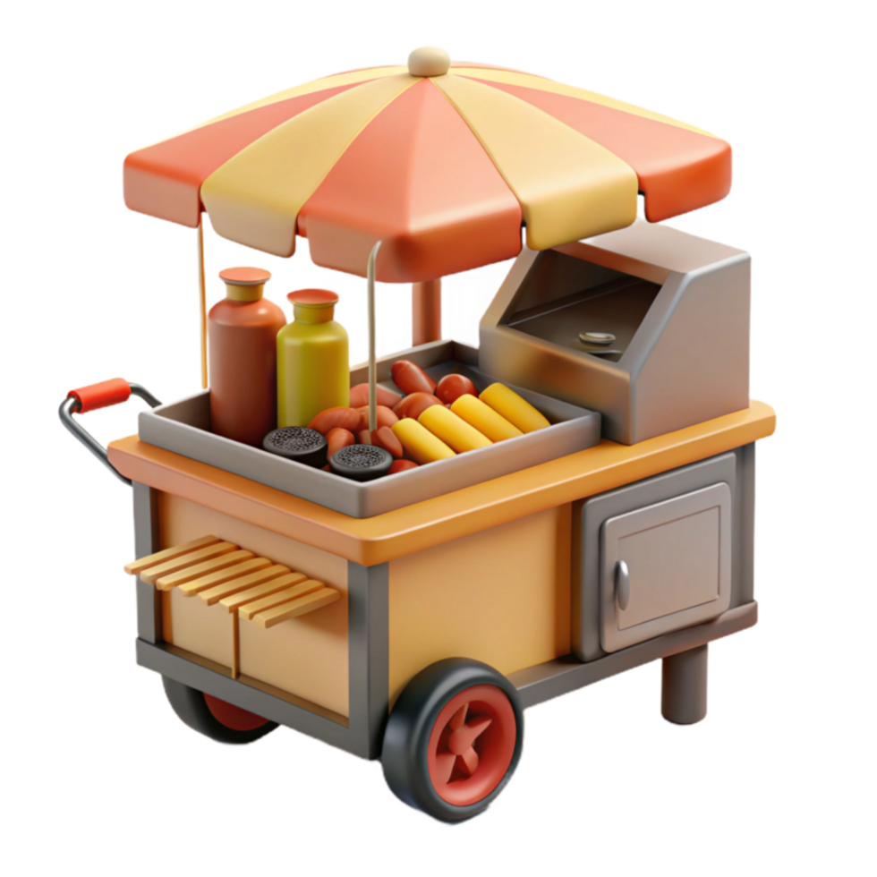 vibrant minimalist Hot Dog Cart with Umbrella 3D Render of Street Food Vendor exclusive png