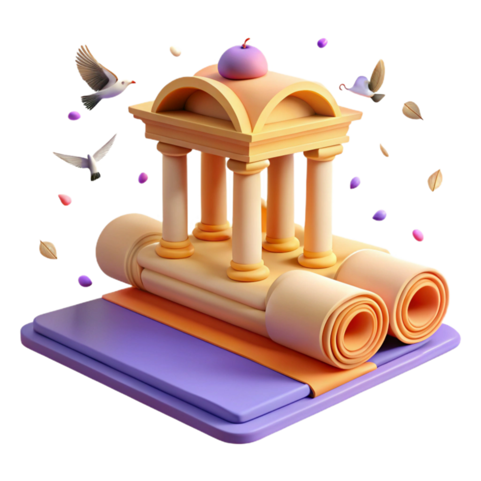 extraordinary rustic Ancient Temple, Scrolls, Birds 3D Render premium png
