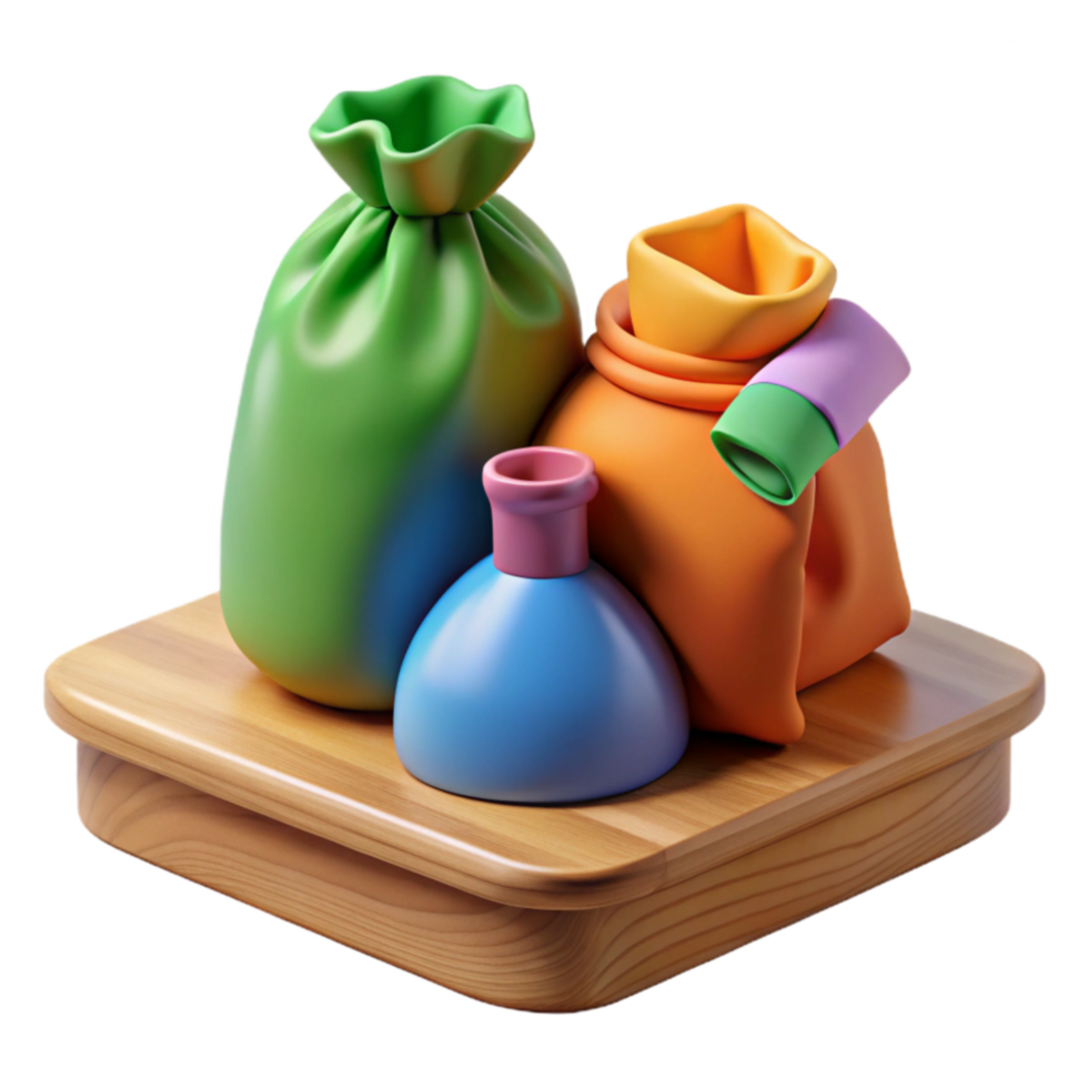 vibrant abstract Colorful Pouches and Bottle on Wooden Surface exclusive png