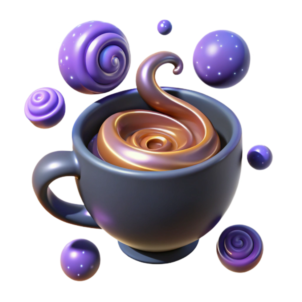 dramatic artistic Whimsical 3D Render Swirling Drink in Cup with Floating Spheres professional png