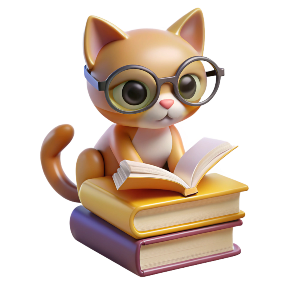 Cute Kitten Reading Books A 3D Render png
