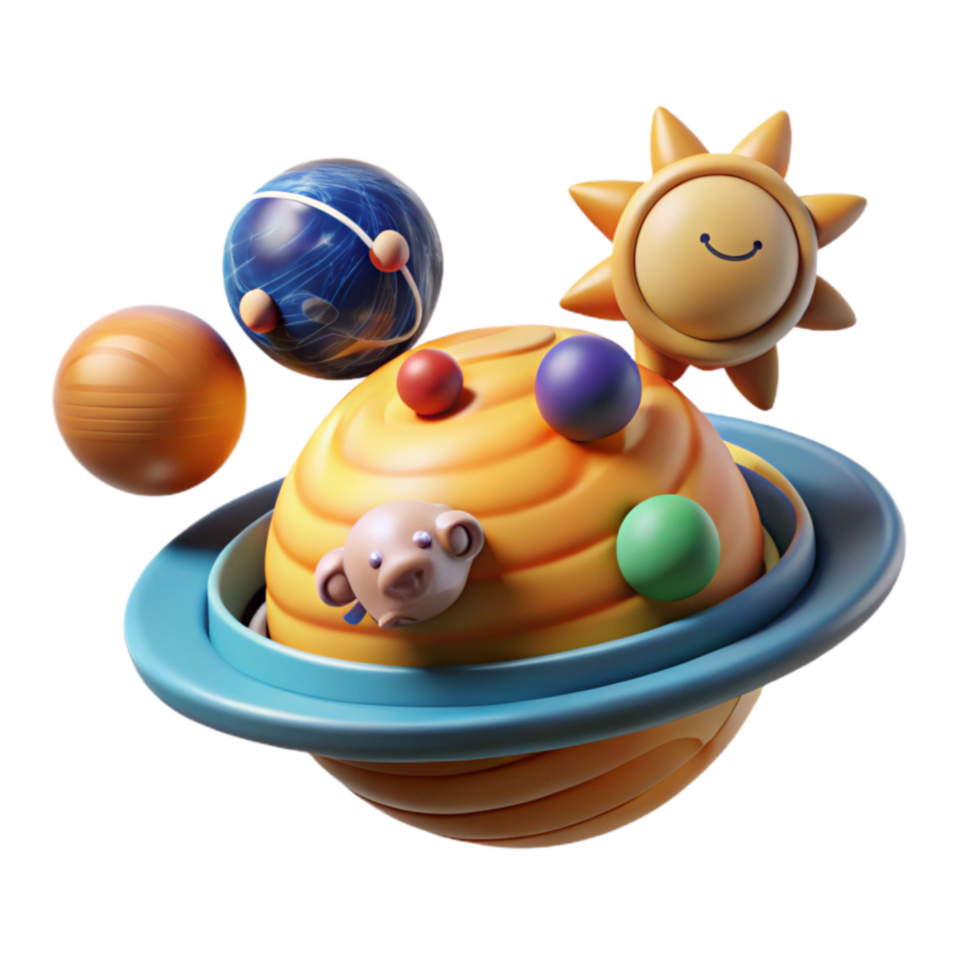 Whimsical Planet with Smiling Sun orbiting moons png