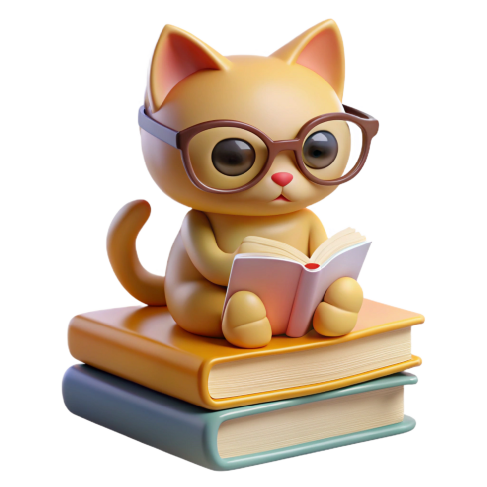 dramatic modern Cute Kitten Reading Books Adorable 3D Illustration 4K png