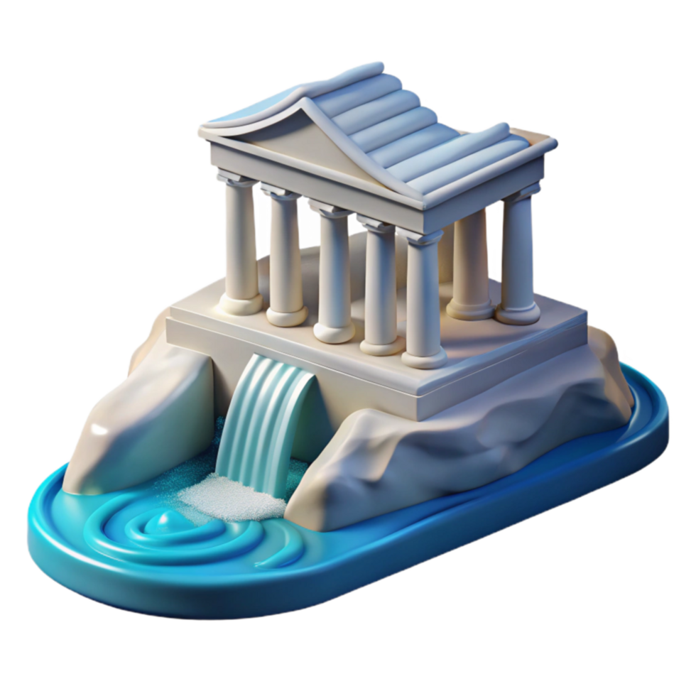 beautiful classic Temple Waterfall 3D Render of Classical Architecture exclusive png
