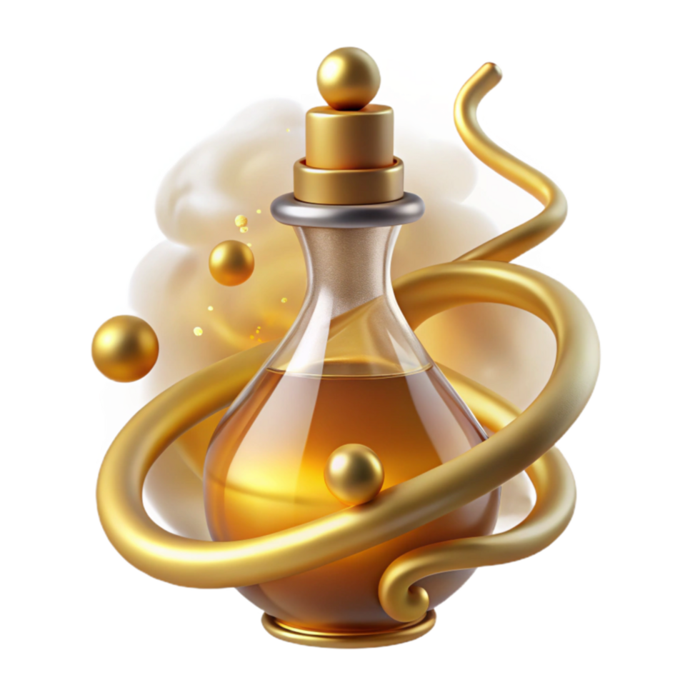 dramatic creative Golden Elixir Luxury Perfume in Elegant Bottle high resolution png