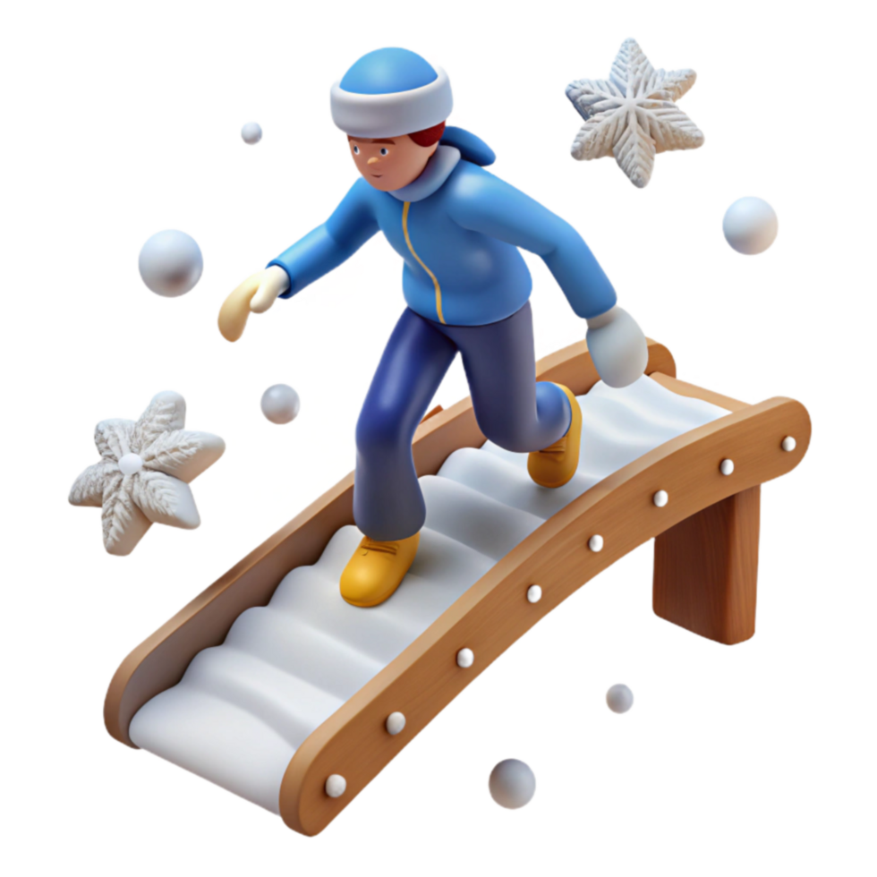 Winter Fun 3D Animated Character Ascending Snow Stairs png